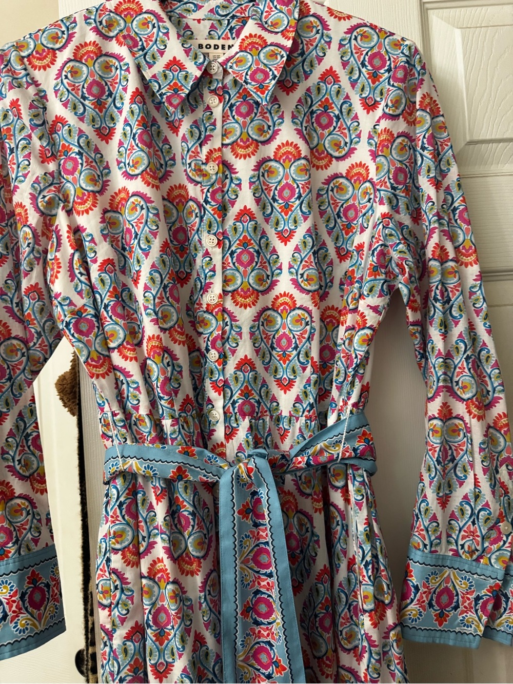 Boden Blue, Pink and Yellow Paisley Shirtdress with Waist Sash